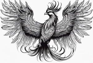 graceful asian style phoenix with extra long tail feathers and a long neck and large feathers tattoo idea