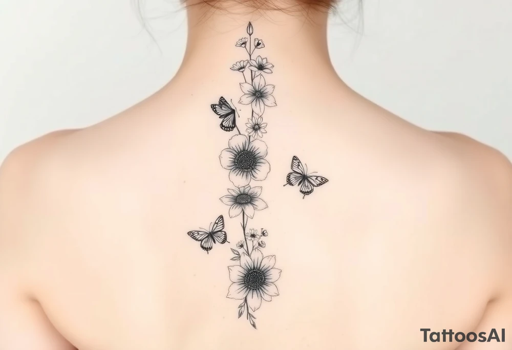 Singular Delphinium, violet, narcissus, rose, daisy vertically down the spine not connected with butterflies tattoo idea