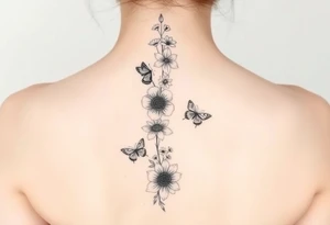 Singular Delphinium, violet, narcissus, rose, daisy vertically down the spine not connected with butterflies tattoo idea