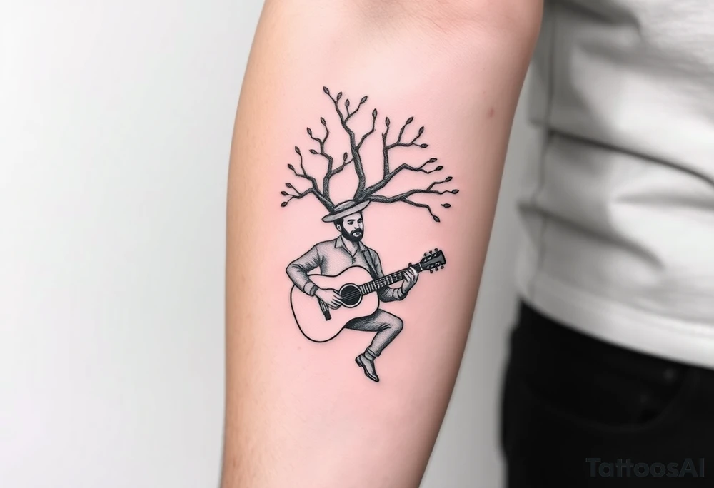 Man with hat but cant see face 
playing acoustic guitar underneath tree of life concept style tattoo idea