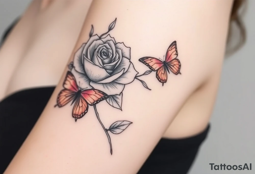 Rose and daffodil with 2 red butterflies one larger than other tattoo idea