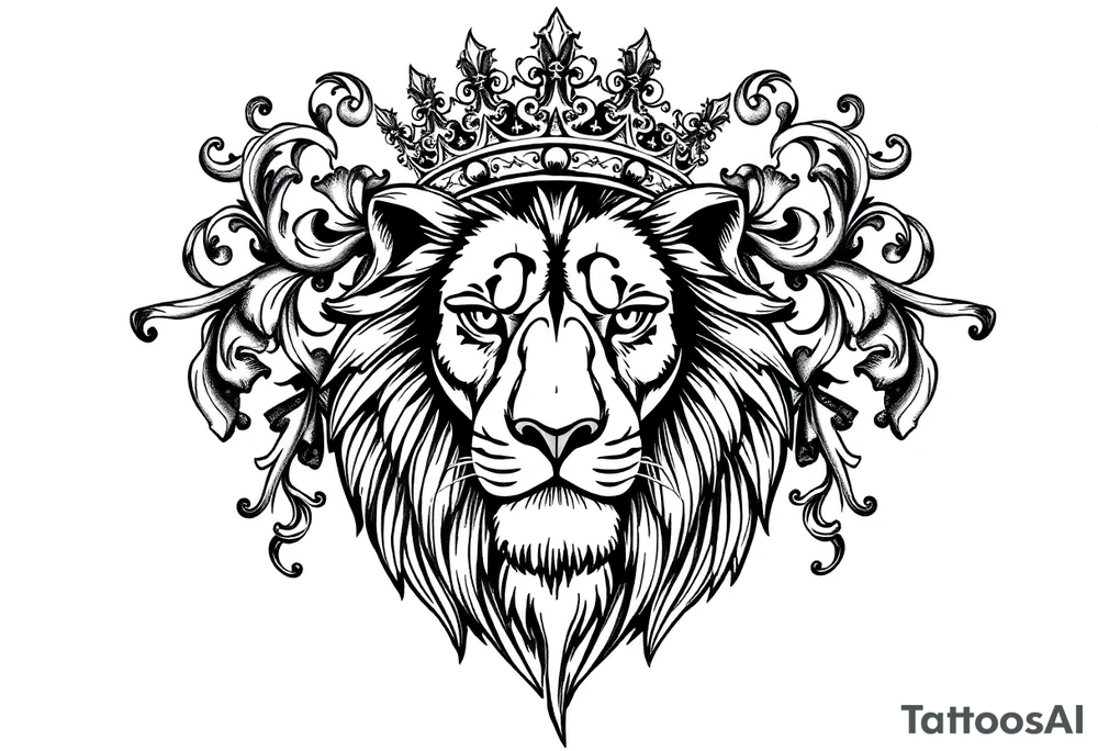 majestic lion wearing ornate crown, surrounded by baroque flourishes tattoo idea