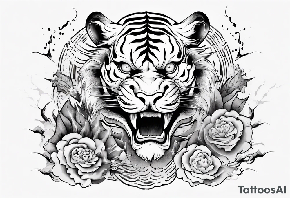Ancient tiger with lightning and a sun for a forearm sleeve. With patterns surrounding it tattoo idea