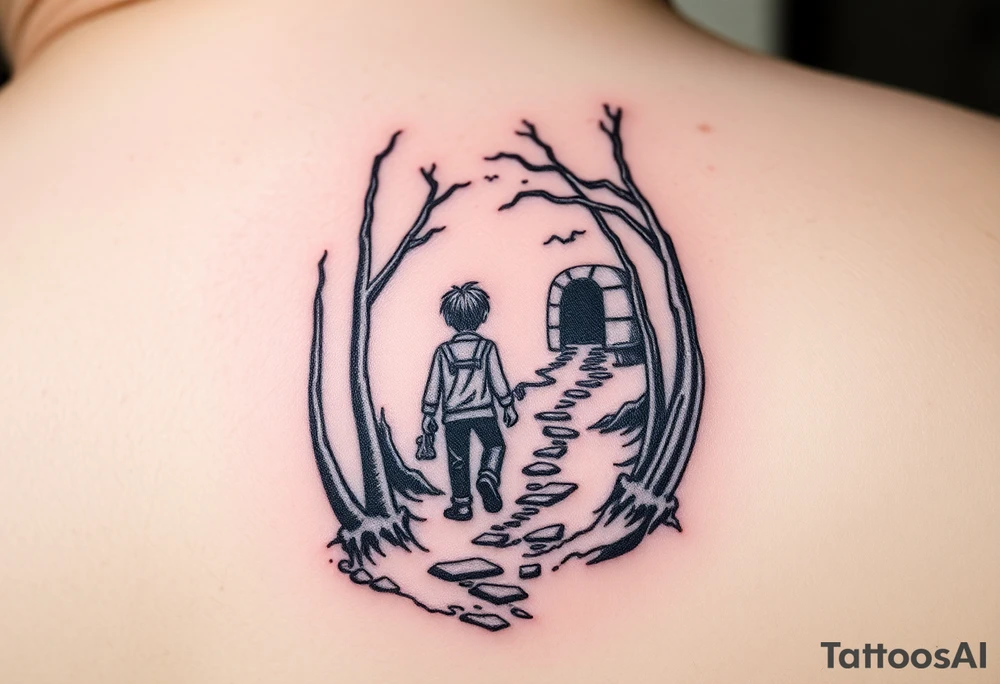 A boy walking up a forest path, DnD inspired, broken down carriage, tavern, glowing tunnel tattoo idea