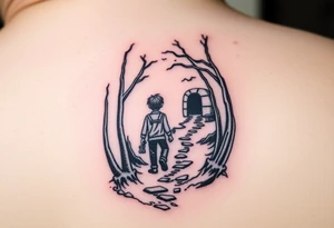 A boy walking up a forest path, DnD inspired, broken down carriage, tavern, glowing tunnel tattoo idea