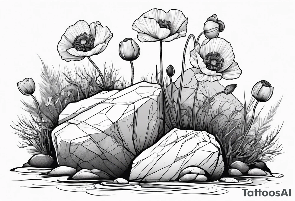 poppy growing out of boulder with roots enveloping rock in love tattoo idea
