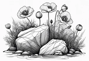 poppy growing out of boulder with roots enveloping rock in love tattoo idea