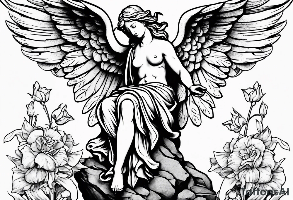 Simple Angel statue stood on a rock with daffodils and roses wrapped around its legs tattoo idea
