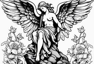 Simple Angel statue stood on a rock with daffodils and roses wrapped around its legs tattoo idea