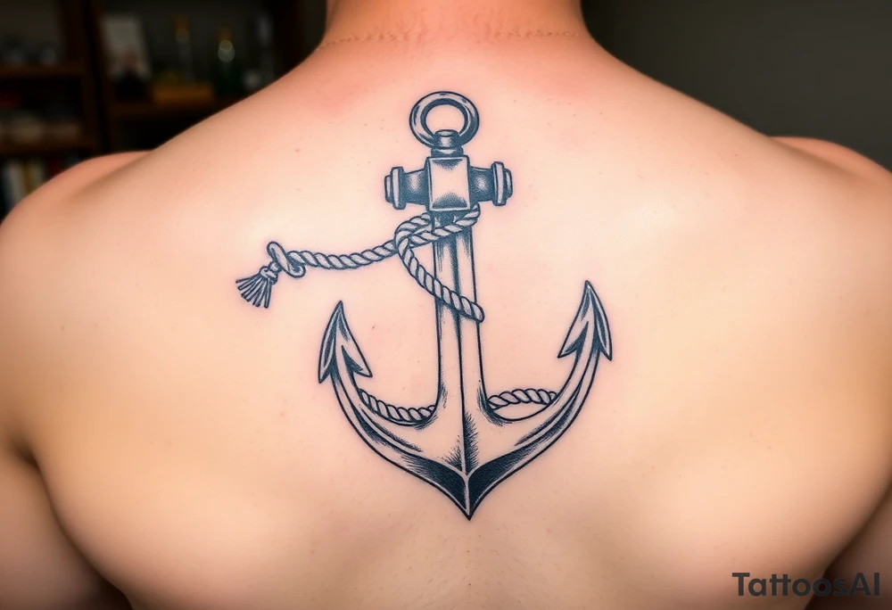 weathered anchor wrapped in nautical rope with sea waves tattoo idea