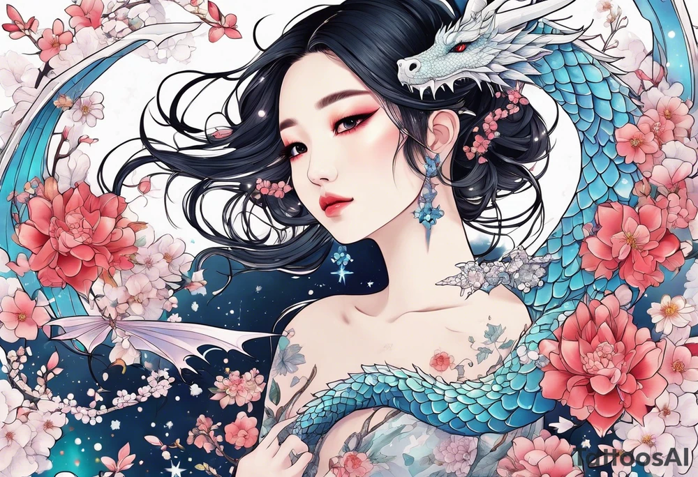 Constellation, wing , snow , cross , dragon female japan kawaii , flower tattoo idea