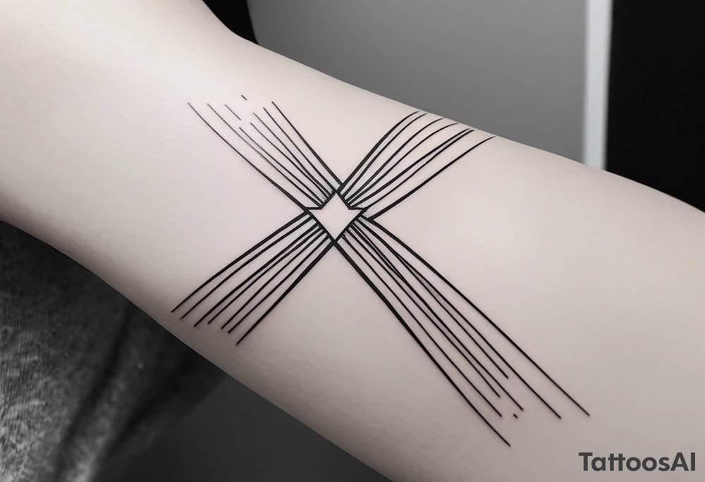 Minimalist Tattoo: A refined cross with a soft halo on top of it, symbolizing light and spirituality. Delicate rays extend outward from the halo, adding a subtle glow and depth. The cross itself is simple and elegant, with potential for small, intricate line details within the design. Style: Minimalist. tattoo idea