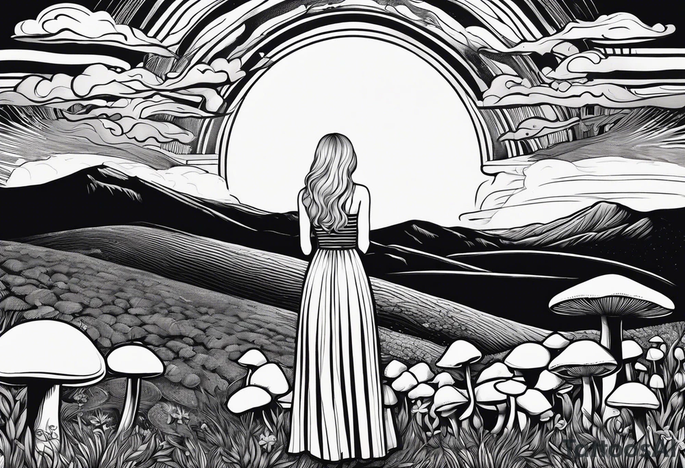 Straight blonde hair girl facing away toward mountains surrounded by mushrooms crescent moon circular design black and white striped dress tattoo idea