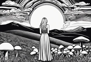 Straight blonde hair girl facing away toward mountains surrounded by mushrooms crescent moon circular design black and white striped dress tattoo idea