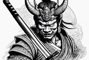 samurai with a hannya mask that covers half of his face who is in a slightly tilted posture holding a katana in an attack position tattoo idea