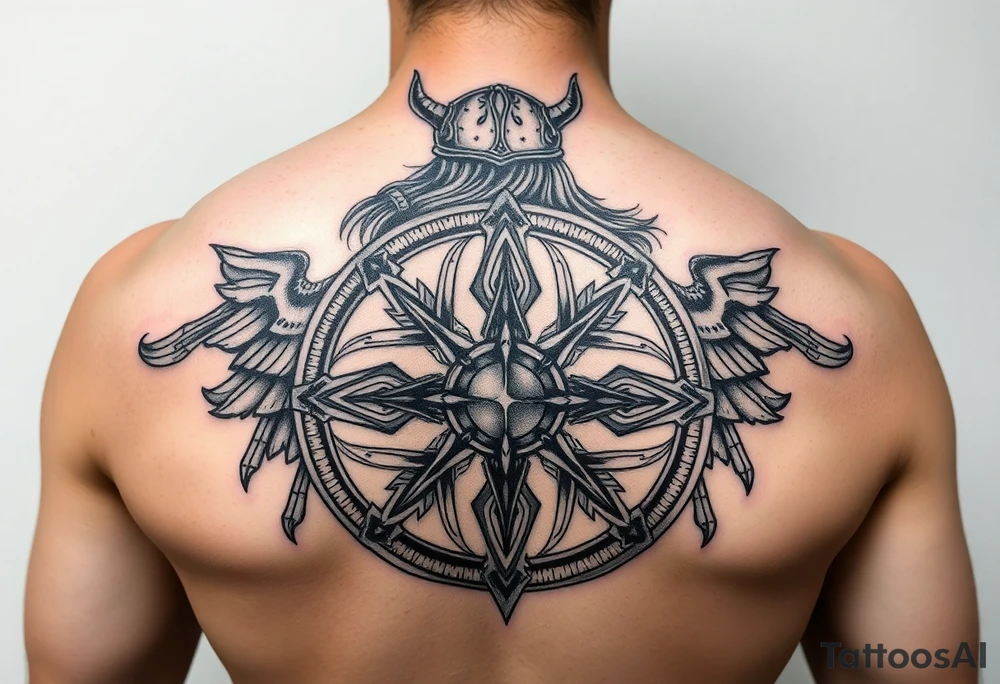 Viking Shield maiden, black work, intricate lines, realistic tattoo idea