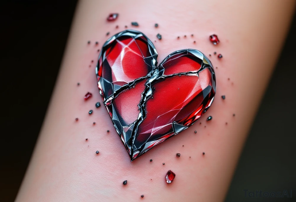 A shattered glass heart in deep red and silver, with tiny shards floating around, representing fragility and loss. tattoo idea