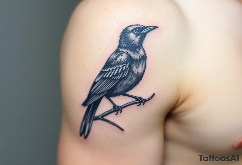 Male European Blackbird sitting on a branch tattoo idea