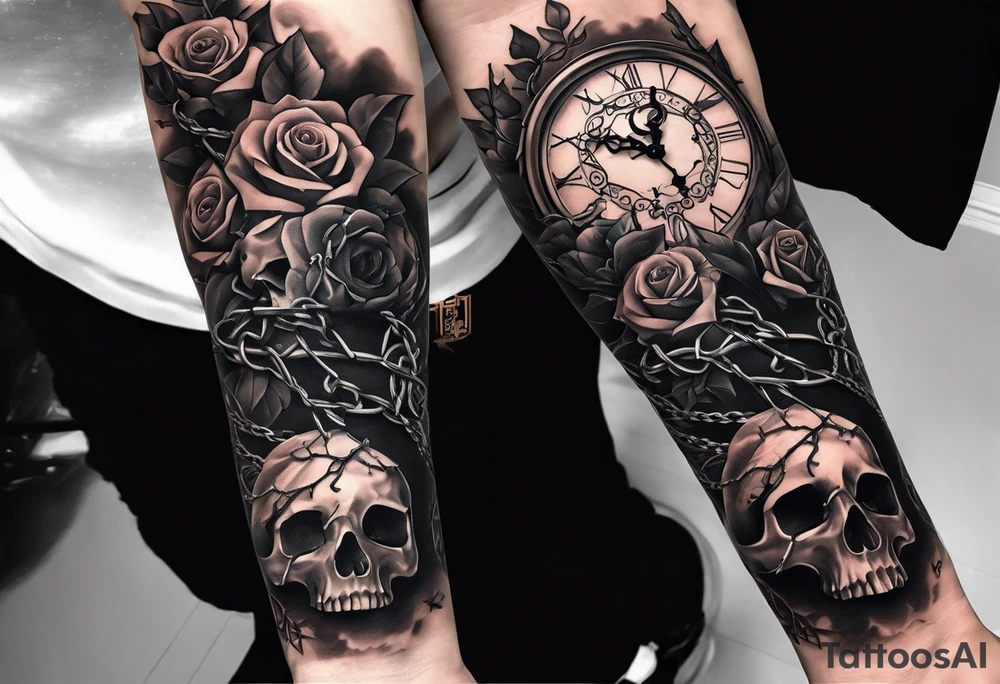 tattoo fool sleeve, tree roots break out of the chains at the bottom of the hand, broken mask, Clock with flying numbers, girl, skull, roses, less shadows tattoo idea