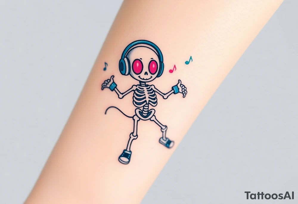 Cute smiley skeleton with pink dreamy eyes in his eyes jumping on a jump rope with both hands blue headphones blue armbands blue sneakers and colorful  music notes around his head tattoo idea