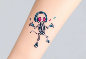 Cute smiley skeleton with pink dreamy eyes in his eyes jumping on a jump rope with both hands blue headphones blue armbands blue sneakers and colorful  music notes around his head tattoo idea