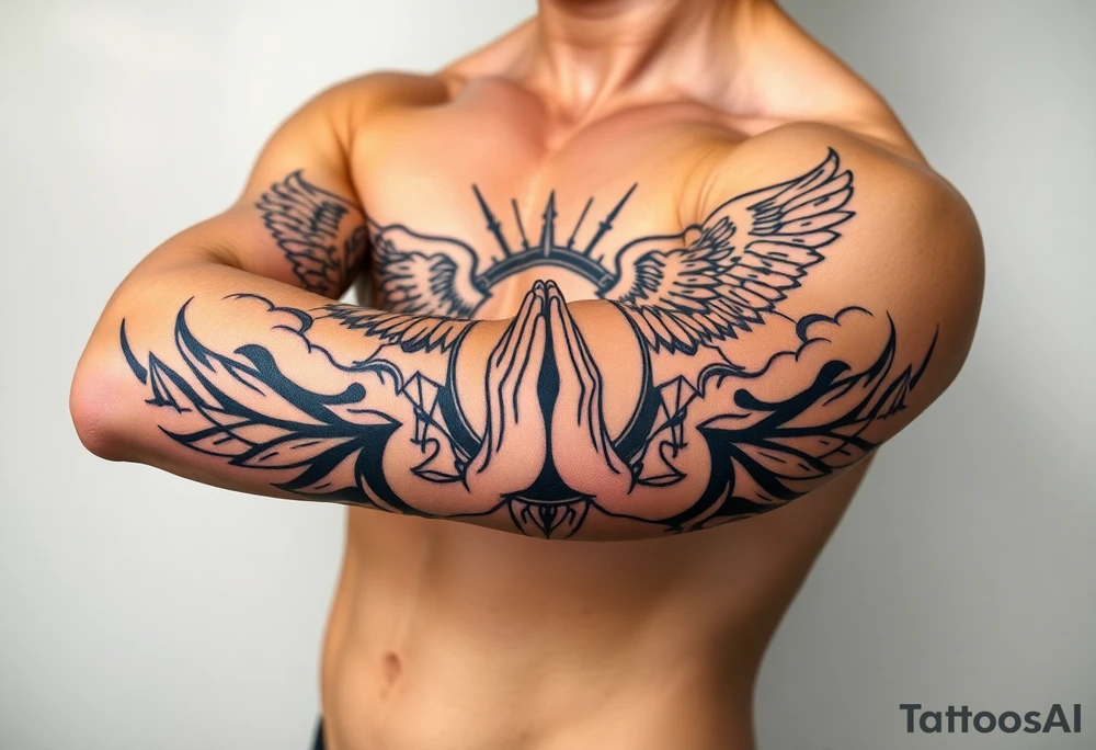 cast all your anxiety on him because he cares for you"  1 peter 5:7 surrounded with clouds and angels and praying hands tattoo idea