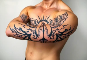 cast all your anxiety on him because he cares for you"  1 peter 5:7 surrounded with clouds and angels and praying hands tattoo idea