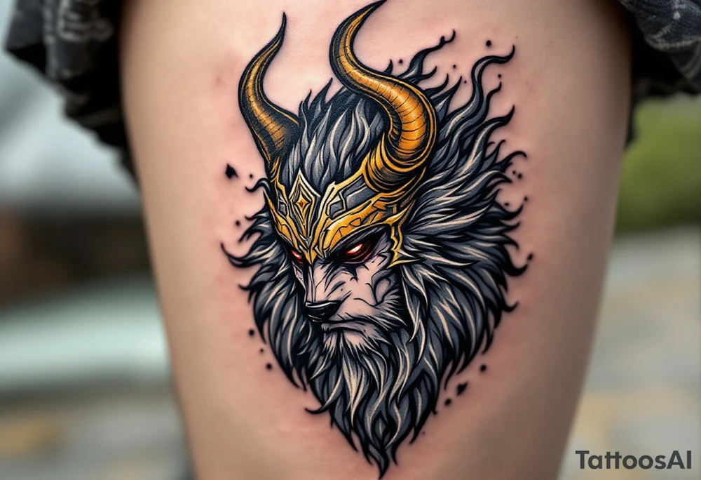 Radegast – A fierce warrior god with a wolf head, wearing a golden horned helmet, his armor shimmering in silver-gray, with blood-red eyes and smoke behind. tattoo idea