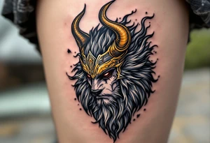 Radegast – A fierce warrior god with a wolf head, wearing a golden horned helmet, his armor shimmering in silver-gray, with blood-red eyes and smoke behind. tattoo idea