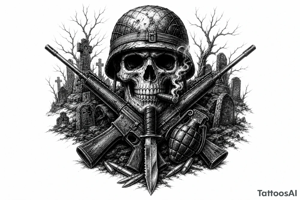 Graveyard scene with skull in helmet, cigar, crossed rifles, knife, grenade, cartridges, dark fantasy. tattoo idea