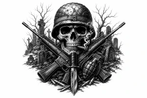 Graveyard scene with skull in helmet, cigar, crossed rifles, knife, grenade, cartridges, dark fantasy. tattoo idea
