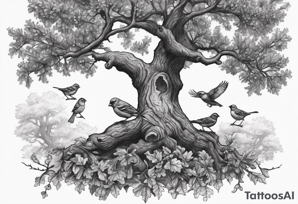 oak tree with finch birds tattoo idea