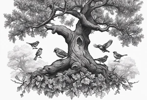 oak tree with finch birds tattoo idea