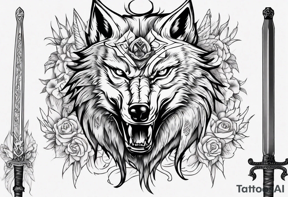 wolf head with sword in background tattoo idea