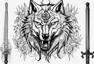 wolf head with sword in background tattoo idea