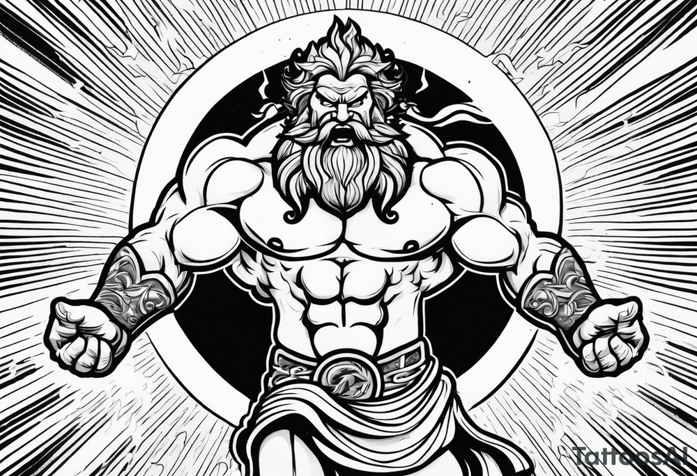 The enraged god Zeus the Thunderer with lightning bolts in a furious tattoo idea