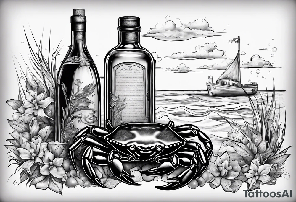 A message in a bottle with crab hanging on to the bottle. The bottle has a cork but is old looking. tattoo idea