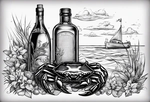 A message in a bottle with crab hanging on to the bottle. The bottle has a cork but is old looking. tattoo idea