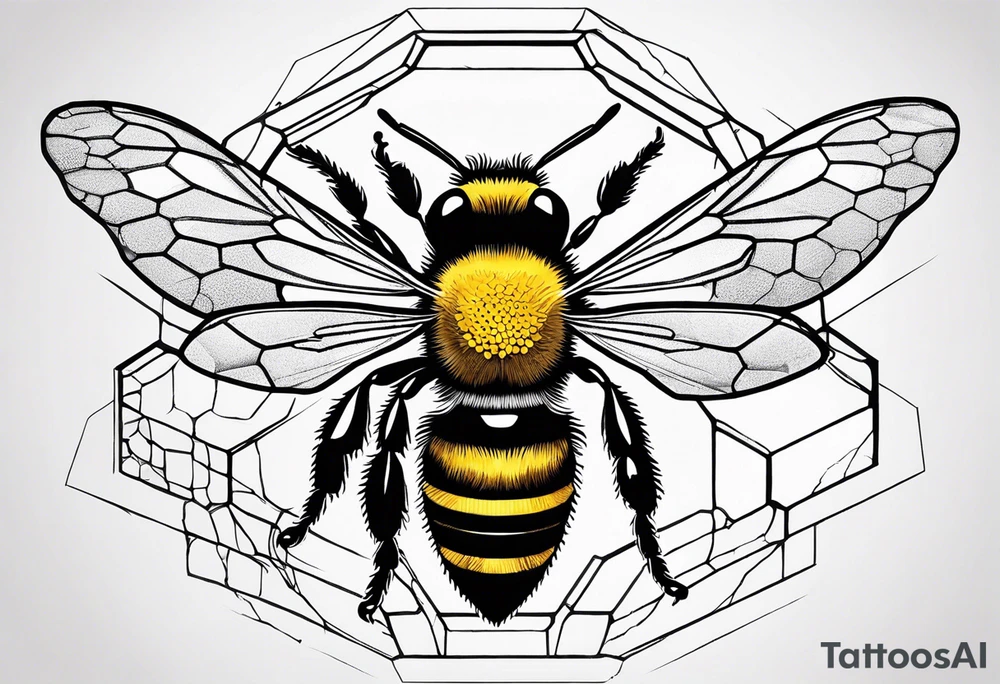 I would like a realistic, 3D tattoo of a bee exiting frontally from a hexagonal cell, the cell should give the impression of being inside the body tattoo idea