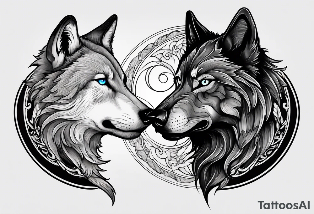 black wolf and white wolf in a ying yang style tattoo idea