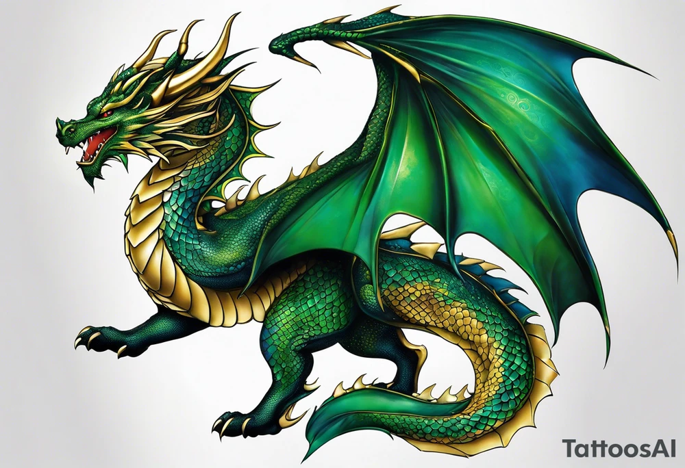An epic dragon, its body coiling dynamically, with scales and horns detailed to create a sense of movement and strength. The dragon features accents in green, blue, and gold, giving a vibrant depth and a mystical aura. This tattoo highlights the dragon’s fierce expression and sharp claws as it wraps protectively around the leg. It does not have wings. Style: Realism tattoo idea
