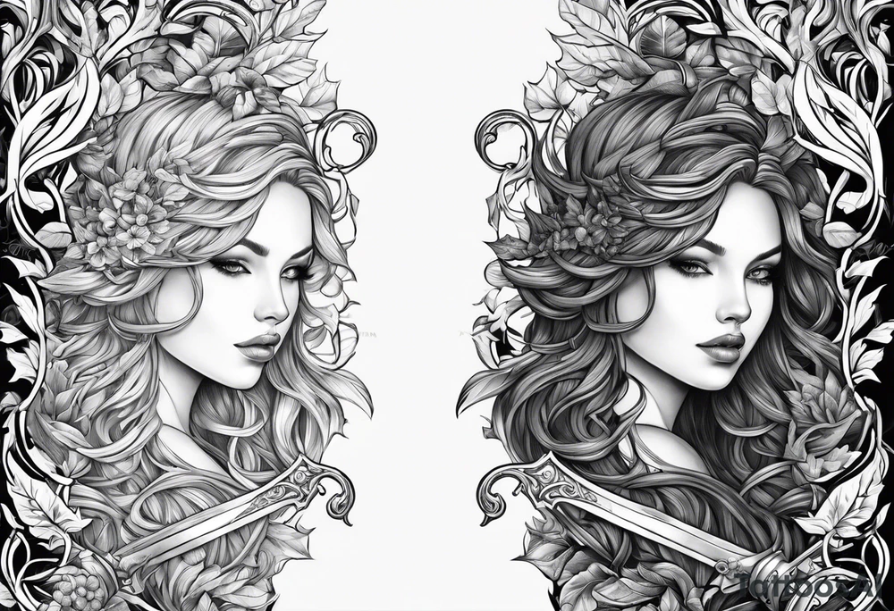 Leafy vines with sword tattoo idea