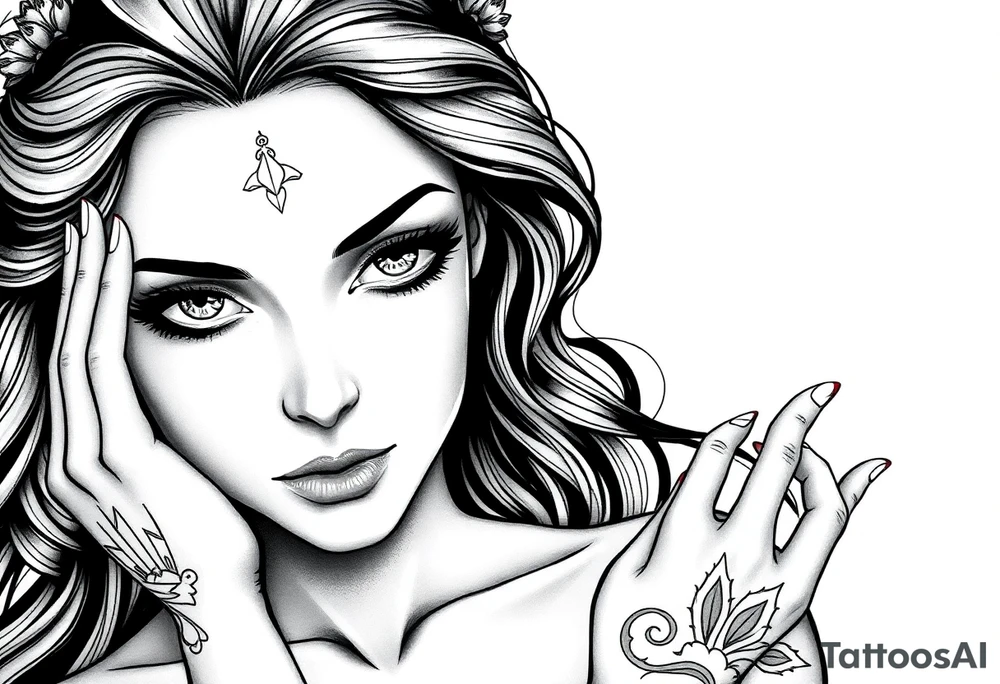 Fortuna as a beautiful woman with covered eyes by some material. She holds a scale tattoo idea