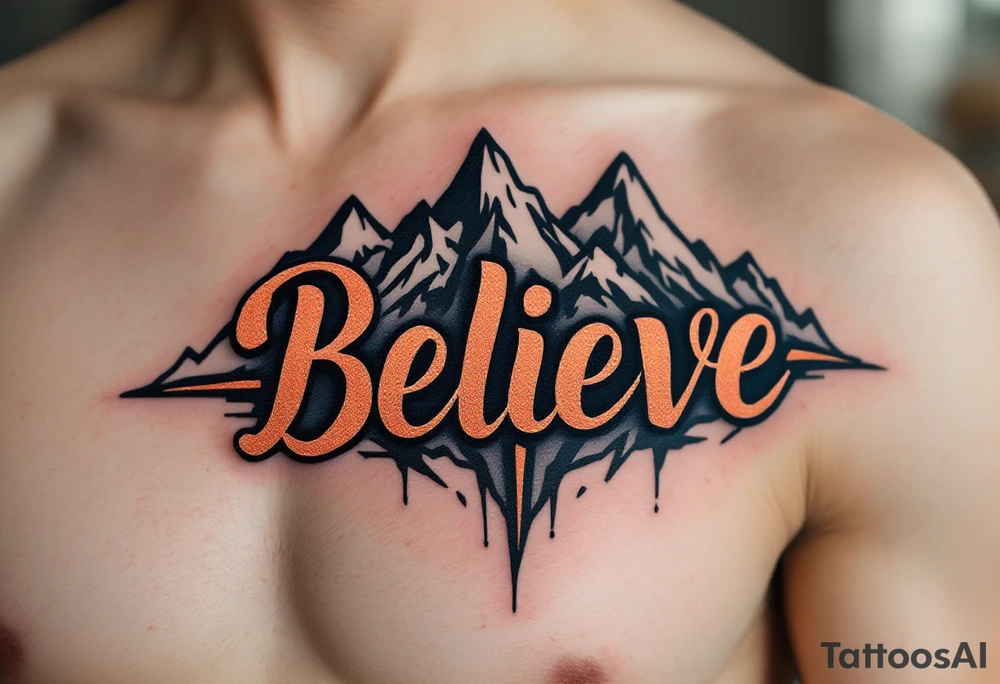 "Believe" in rustic copper with mountain outlines in the background, representing belief in personal strength and the journey ahead. tattoo idea