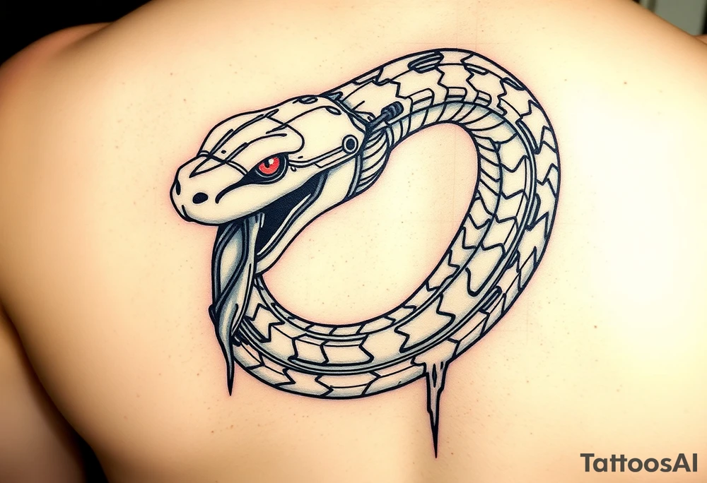 A Cybernetic Snake Biting Its Own Tail (Ouroboros Style)
The classic ouroboros but partially robotic, its fangs dripping neon coolant.
Could be wrapped around a futuristic engine or a broken motherboard.
Eyes flickering between red error codes and reptilian slits. tattoo idea