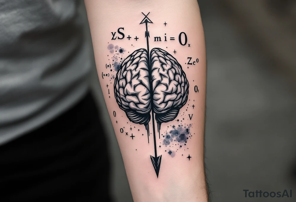 A front-seen brain in geometric and straight lines, math symbols arround. A detailed arrow crosses from below and exit from the top, with its tip desintegrating to represent entropy and watercolor stains spilled from the arrow. Around of the main tattoo, math and physics formulas, including the formulas "ΔS ≥ 0" and "(iδ + m) Φ = 0" tattoo idea