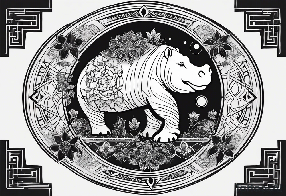 Very asymmetrical, +geometric pattern, with realistic full moon, with seeious looking hippo, +zen feel, + Buddhism touch, +tribal, +geometric
with wintersweet flower bud, +portrait orientation, +inkart touch, tattoo idea