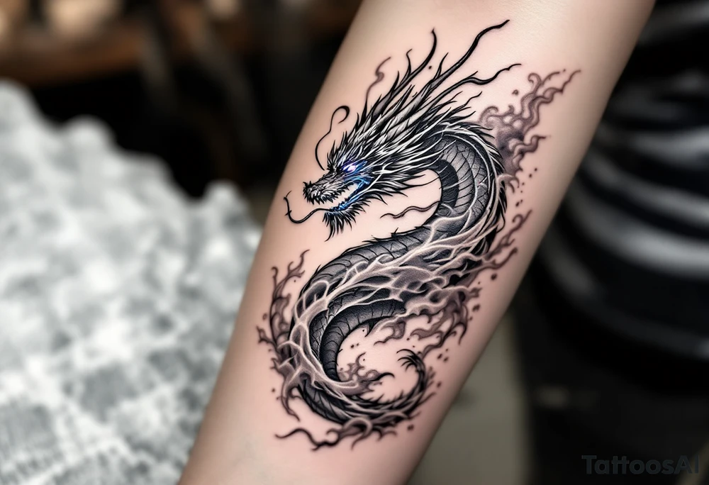 fierce dragon breathing iridescent fire against stormy skies tattoo idea