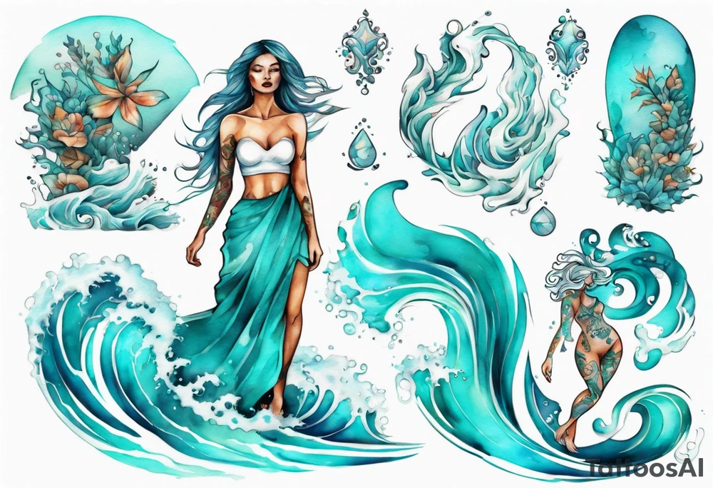 a turquoise water woman standing in the waves tattoo idea