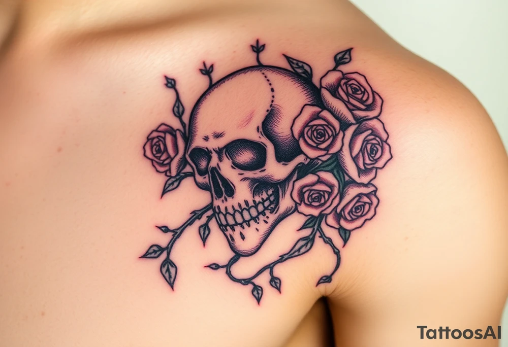 gothic skull intertwined with climbing roses and thorny vines tattoo idea